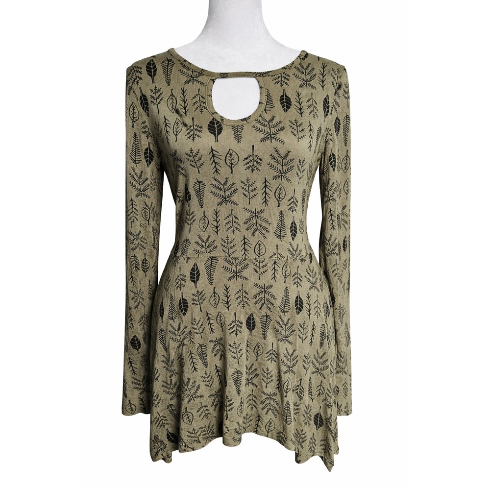 Effie's Heart Olive Green Leaf Print Long Sleeve Dress Keyhole Neck Fit Flare S